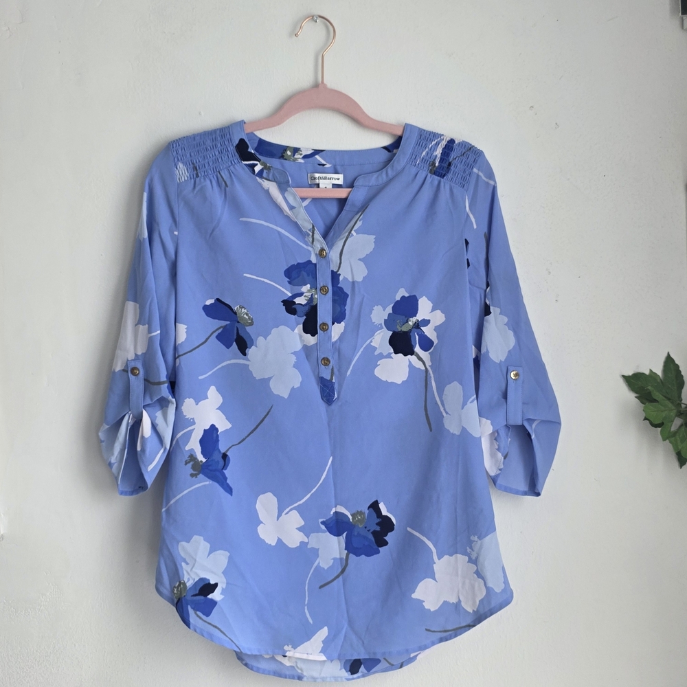 Croft & Borrow Blue Floral Quarter Sleeved Blouse with Gold Button Accents